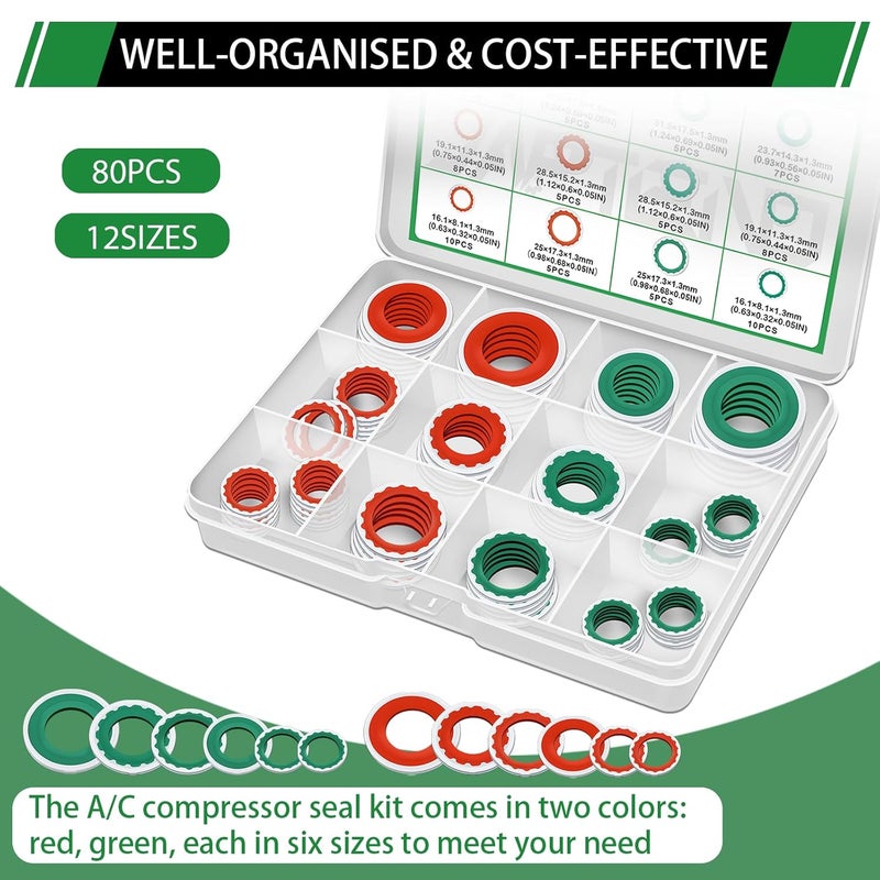 Japtend 80PCS Air Conditioning System Compressor Seal Washers Assortment Kit, 12 Sizes Automotive A/C Compressor Port Bonded Seal Gasket Kit (Red & Green) - Image 5